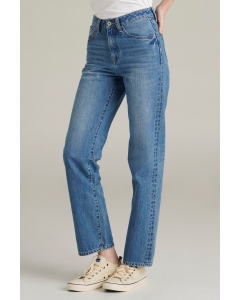 กางเกงยีนส์ผู้หญิง ทรงกระบอกขาตรง (Straight) เอวกลาง สียีนส์ฟอกกลาง
