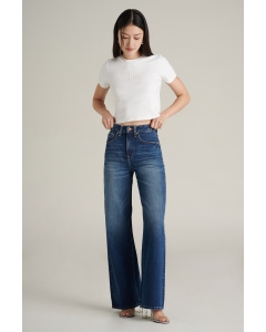 กางเกงยีนส์ผู้หญิง ทรงกระบอกขากว้าง (Straight Wide) สียีนส์ฟอกกลาง