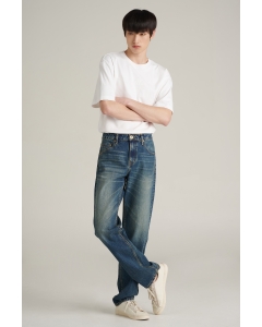กางเกงยีนส์ผู้ชาย ทรงกระบอกขาตรง เอวกลาง สียีนส์ฟอกกลาง