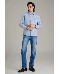 เสื้อเชิ้ตผู้ชาย เสื้อเชิ้ตแขนยาว ทรงเรกูล่า (Regular) สีฟ้าเข้ม