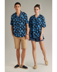 เสื้อเชิ้ต Unisex  เสื้อฮาวายแขนสั้น สีดำ พิมพ์ลาย