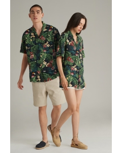 เสื้อเชิ้ต Unisex เสื้อฮาวายแขนสั้น สีเขียว พิมพ์ลาย