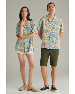 เสื้อเชิ้ต Unisex เสื้อฮาวายแขนสั้น สีเขียว พิมพ์ลาย