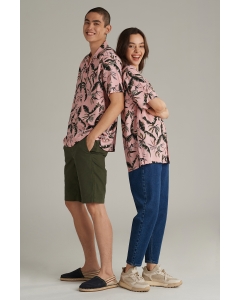 เสื้อเชิ้ต Unisex เสื้อฮาวายแขนสั้น สีชมพู พิมพ์ลาย