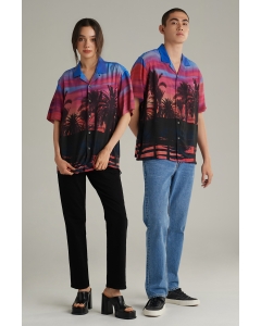 เสื้อเชิ้ต Unisex เสื้อฮาวายแขนสั้น สีชมพู พิมพ์ลาย