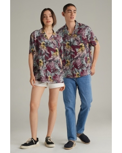 เสื้อเชิ้ต Unisex เสื้อฮาวายแขนสั้น สีม่วง พิมพ์ลาย