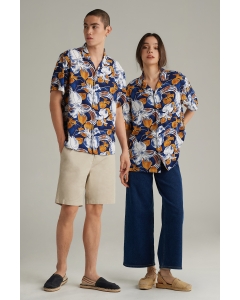 เสื้อเชิ้ต Unisex เสื้อฮาวายแขนสั้น สีกรมท่า พิมพ์ลาย