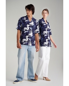 เสื้อเชิ้ต Unisex เสื้อฮาวายแขนสั้น สีกรมท่า พิมพ์ลาย