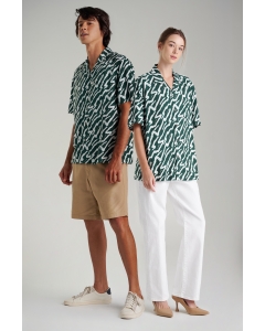 เสื้อเชิ้ต Unisex เสื้อฮาวายแขนสั้น สีเขียว พิมพ์ลาย