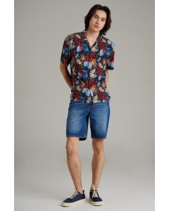 เสื้อเชิ้ต Unisex เสื้อฮาวายแขนสั้น สีกรมท่า พิมพ์ลาย