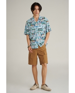 เสื้อเชิ้ต Unisex เสื้อฮาวายแขนสั้น สีฟ้าอ่อน พิมพ์ลาย