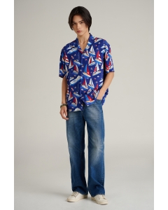 เสื้อเชิ้ต Unisex เสื้อฮาวายแขนสั้น สีกรมท่า พิมพ์ลาย