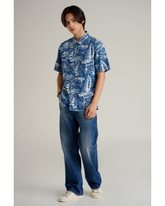 เสื้อเชิ้ต Unisex เสื้อฮาวายแขนสั้น สียีนส์ฟอกกลาง พิมพ์ลาย