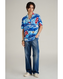 เสื้อเชิ้ต Unisex เสื้อฮาวายแขนสั้น สีน้ำเงิน พิมพ์ลาย