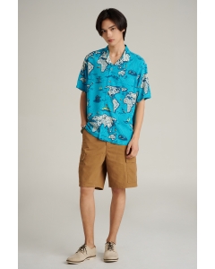 เสื้อเชิ้ต Unisex เสื้อฮาวายแขนสั้น สีฟ้าเข้ม พิมพ์ลาย