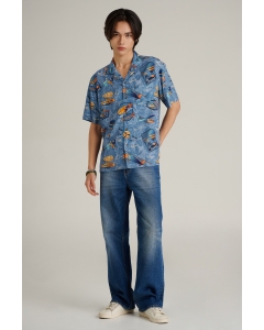 เสื้อเชิ้ต Unisex เสื้อฮาวายแขนสั้น สีฟ้าเข้ม พิมพ์ลาย