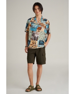 เสื้อเชิ้ต Unisex เสื้อฮาวายแขนสั้น สีฟ้าอ่อน พิมพ์ลาย
