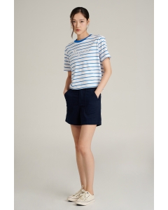 เสื้อยืดผู้หญิง ทรงครอป คอกลม สีน้ำเงิน
