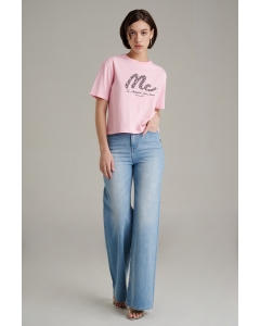 เสื้อยืดผู้หญิง ทรงครอป คอกลม สีชมพู