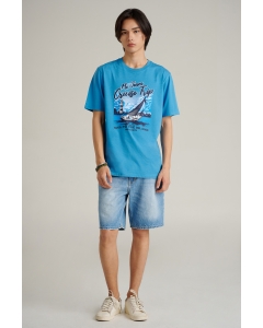เสื้อยืดแขนสั้นผู้ชาย คอกลม สีฟ้าเข้ม