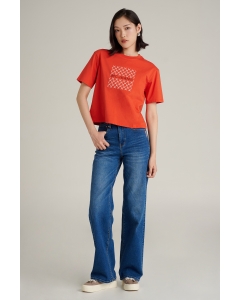 เสื้อยืดแขนสั้นผู้หญิง ทรงครอป คอกลม สีแสด