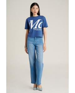 เสื้อยืดผู้หญิง ทรงครอป คอกลม สีน้ำเงิน