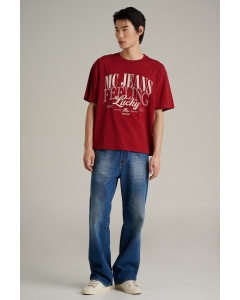 เสื้อยืดแขนสั้นผู้ชาย ทรงโอเวอร์ไซส์ คอกลม สีแดง