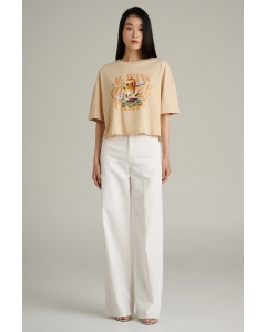 เสื้อยืดแขนสั้นผู้หญิง ทรงบล๊อกซี่ คอกลม สีครีมเข้ม