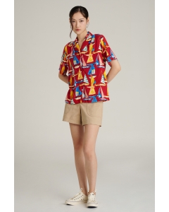 เสื้อเชิ้ตผู้หญิง เสื้อฮาวายแขนสั้น สีแดง