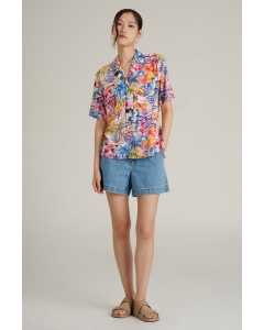 เสื้อเชิ้ตผู้หญิง เสื้อฮาวายแขนสั้น สีชมพู