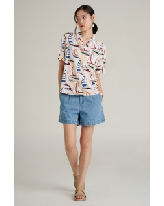 เสื้อเชิ้ตผู้หญิง เสื้อฮาวายแขนสั้น สีครีมอ่อน