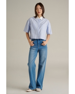 เสื้อเชิ้ตผู้หญิง ทรงครอป แขนสั้น สีฟ้าอ่อน